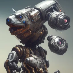 a beautiful full frame portrait digital painting of futuristic dogpunk robot, wide angle view, close-up, macro lens, centered camera, titanium accents, intricate details, small minutiae, tiny features, particulars, colorful, 8k, least ambient occlusion, volumetric lighting, volumetric clouds