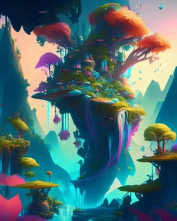 A surreal and dreamlike landscape of floating islands, cascading waterfalls, and vibrant, otherworldly vegetation. The scene is inhabited by whimsical, fantastical creatures that defy the laws of physics and gravity, creating a sense of wonder and intrigue. 8K resolution, vivid colors, and imaginative details make this image a feast for the eyes.