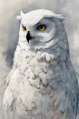 ink wash and watercolor full body illustration of a hybrid Snowy Owl girl with highly detailed feathers and facial features in the comic book style of Bill Sienkiewicz and Jean Giraud Moebius, with a fine art aesthetic, highly detailed , 4k UHD cinegraphic quality