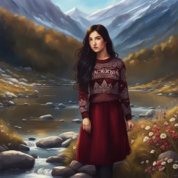 country side ,blue sky , snow on mountains, pretty clouds ,small rocky river with clear water small rocks in floor,wild flowers,beautiful Snow White, long shiny black curvy hair, wearing a burgundy sweater with the word Azerbeyjan written on it, in gold, work clothes, standing, super realistic Fairy lights, intricate detail, texture, depth, vividness, movement, namex, energy, bioluminescence, stunning, epic, ultra-detailed, 8K photography by Miki Asai Macro, close-up, extremely detailed, po