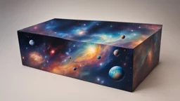 a box 10 cm long by 5 cm wide and 25 cm high, drawn on a box on all sides, space, tress, planets, galaxies a lot of colours, very realistic