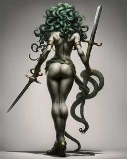 full-length, detailed persona, sword in hand, gorgon medusa, from the back, half-turn, leaning on one leg