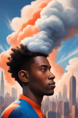 portrait in profile of a young African American man with an orange con edison his head. Large clouds of steam rise from the end of the cone on his head. With New York in the background. Made in the style of "Spider-Man: Into the Spider-Verse"