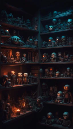 Si-Fi, The permanent under atmospheric lighting effects, a whole shelves of scary looking toys , intricate historical moody atmosphere, eerie grimdark ambiance, complex motherboard accents, speculative fiction art. Bokeh