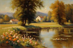 Sunny day, mountains, river, distant house, flowers, trees, wilfrid de glehn and pieter franciscus dierckx impressionism paintings