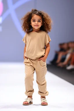 2 years old baby girl fashion model in loose pants and loose top with curvy wavy hair ,cat walks in runway,catwalk and pose at end with cute
