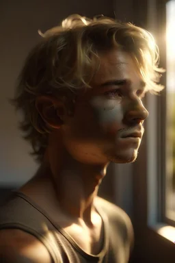 A hyper-realistic portrait of an athletic teen boy with honey brown eyes, messy golden blond hair, cute, innocent and content, looking out a window, a hint of facial hair, shirtless, slim and lean body, slightly tanned, inside an empty room with warm sunlight streaming in, detailed, high definition, 4K, 8K, quality render, photo realistic