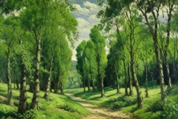 An olive green forest with garlic shaped trees painted by Alfred Sisley