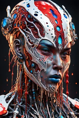 3D rendering of Expressively detailed and intricate of a hyperrealistic “cyborg”: dripping colorful paint, tribalism, shamanism, cosmic fractals, dystopian, octane render, volumetric lighting, 8k post-production, red and white, detailled metalic bones, dendritic, artstation: award-winning: professional portrait: atmospheric: commanding: fantastical: clarity: 16k: ultra quality: striking: brilliance: stunning colors: amazing