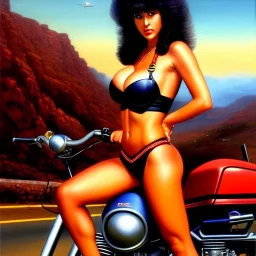 portrait of busty beautiful 'Female Rider on Shotaro Kaneda's Bike',painting by Earl Norem, simon Bisley, evan lee, 86-86, oil on canvas, cinematic composition, extreme detail,fit full head inside picture,8k