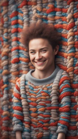 a happy blissed person woven into a knitted tapestry wall, bokeh like f/0.8, tilt-shift lens 8k, high detail, smooth render, down-light, unreal engine, prize winning