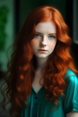 Teal dress, Age 24, girl, white Complexion, dark green eyes, , long hair, red hair, wavy hair, square face, button nose