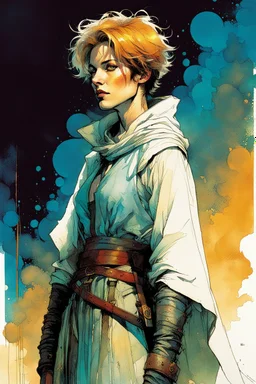 create an imaginative portrait illustration of an ethereal, otherworldly , pale medieval female sorceress with very short hair wearing a ragged baldric and boots , in the comic book art style of Bill Sienkiewicz, Mike Mignola, and Jean Giraud Moebius, with highly detailed feminine facial features , finely drawn, colored and inked,