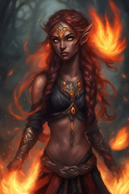 Fire Eladrin druid female. Hair is long and bright black part glows. Part of hair is braided and fire comes out from it. Big bright red eyes. Is generating fire with her hands . Skin color is dark. Has a big deep scar on face. Is making fire from hands