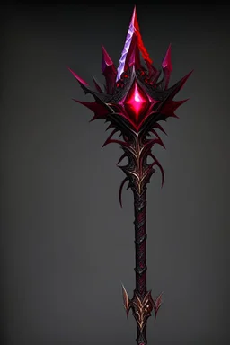 A sorceress evil staff that is a mix colors of red and black crystals and sharp edges