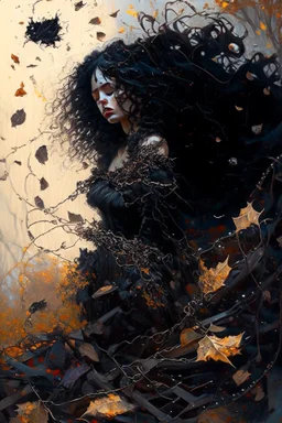 abstract creation of a beautiful girl with black curly hair, surrounded by black roses, thick metal chain broken, glass petals on the ground, autumn colours,dried out thorn bush, chaos,