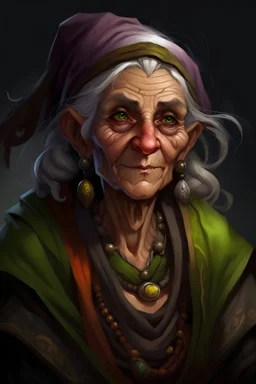 a dungeons and dragons character portrait. An old hag named Babette, a wild magic sorcerer. She is very powerful and ancient. She looks like a nice old lady, but maybe she's not as nice as she seems