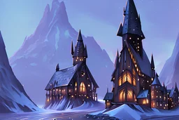 Harry Potter Fantasy Cartoon scholarly magic tower with wooden rafters, blue glowing crystals and dark stone covering it the the winter mountains,