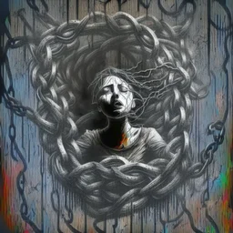 Generate an image that depicts a person trapped in the clutches of addiction, with visual elements symbolizing the allure and dangers of substance abuse, such as dark shadows, chains, or swirling vortexes. leave the area of person blank