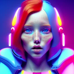 redhead woman teenager, freckles, padded coat, retro futuristic, latex dress, gradient color, BLUE, PINK, CYAN, neon, insanely detailed, 16k resolution, perfect eyes, cinematic smooth, intricate detail