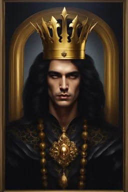 Gothic Gold framed painted portrait of a King wearing a gold crown. His hair is long and dark and he has dark eyes, dak fantasy