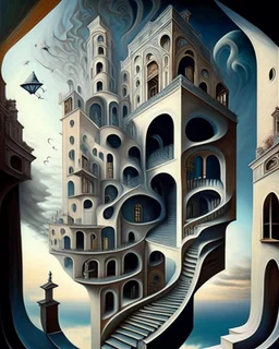 A captivating, surrealist painting of a gravity-defying, Escher-inspired building with multiple perspectives, impossible staircases, and fantastical elements that defy the laws of physics, set within a dream-like landscape.