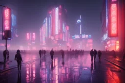 3D, beautiful, light reflecting, empty future city at night, rainy night, neon, cyberpunk, tron, one cyborg walking, 8k, finely detailed, photo realistic