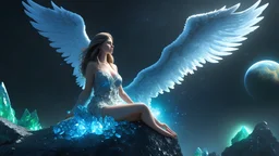 angels with a beautiful face with a wings siting on the monolith made of blue tiberium crystals of lights, matrix universe, planets on the back grounds, green crystals of tiberium on the life and right