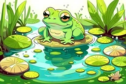 frog in a pond. drawn in anime style. cute and cozy.