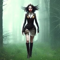 steampunk, dark forest, black hair, leather, long legs, full-body