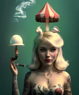 Ultra realistic portrait, wonderland, wide-angle lens, couple, cinematic, happy blonde Alice smoking a pipe, accompanied by elegant anthropomorphic white rabbit, circus dress style, old school tattoo, laughter, smoke, marijuana garden, mushroom lamps, glow eyes, perfect iris, soft color, highly detailed, unreal engine 5, ray tracing, RTX, lumen lighting, ultra detail, volumetric lighting, high definition.