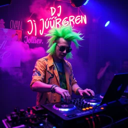 A DJ performing at dance club, his name DJ JüRGEN and looks crazy, crazy green hair with crazy outfit. Neon lights and smog, DJ JüRGEN SIGN ON WALL
