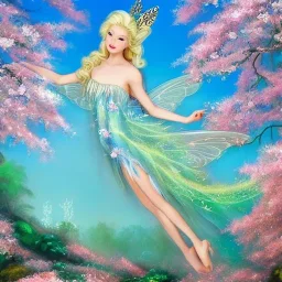 jolie féé blonde avec des ailes irisés et une robe de princesse entourée de cerisiers du japon et de cascade d'eau transparente et bleuté