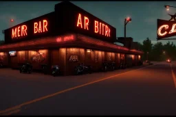  american biker bar, motorcycles, roadside ,country, night lighting , realistic, unity engine, cinematic lighting, scriptable render pipeline.