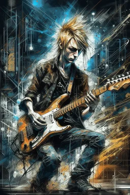 A ultra realistic poster of a rock and roll guy playing electric guitar , having word sign as “street art ”, by Daniel Castan Carne Griffiths Andreas Lie Russ Mills Leonid Afremov, black background, fine lines draw, smile, standing in the temple