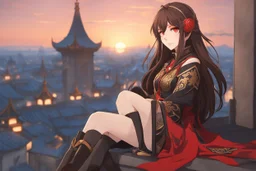 a young woman with long brown hair, red eyes, pale skin, wearing Genshin Impact inspired clothing, highly detailed, intricate background, sitting on rooftop during sunset, contemplative