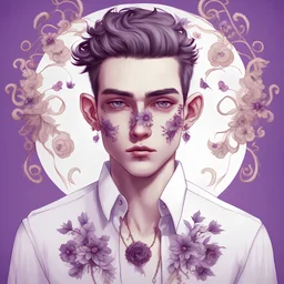 a beautiful demon boy with 3 eyes and long eyelashes, wears a smart shirt which is embroidered with purple flowers and ornaments