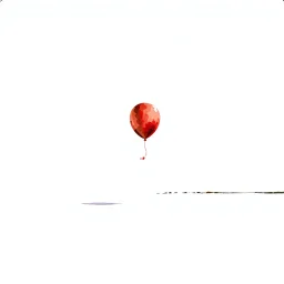 hyper-minimalism, lots of negative blank white space, from a great distance a Red Balloon floating Against a White Sky very far away, watercolor alcohol ink, hint of a landline on horizon, expansive, artistic