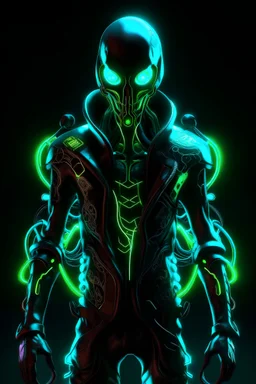 Alien creature body has cybernetic enhancements.neon circuitry underneath,LED lights. leather jacket with glowing neon symbols and patches.eyes glow with an intense,captivating light.