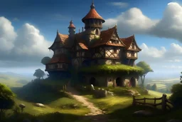 medieval inn of a fantasy tow in a distance