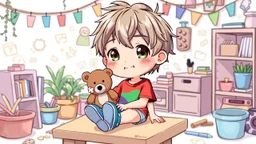 detailed digital art style, cute anime, detailed chibi face with smile, sitting in playgarden on desk in hand a bear toy, in colorful t-shirt and short paint and blue shooes, , messy hair random drawing background, child book style, highly detailed, no photorealism