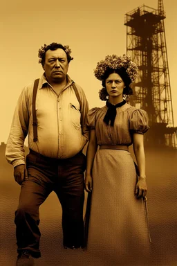 Frieda and Diego Rivera, with popular 19th century style blouse and skirt, thin black bow under the neck of the blouse, flowers on her head, full body, an oil rig in the background in a 16K wasteland, toned in sepia, estilo Bansky, profile view
