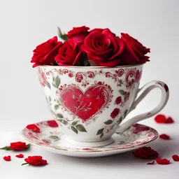 Valentine Teacup with red roses inside and white background