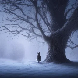 sad, abandoned, miserable dog tied to a tree outside with family home and a dark, robed person in the background, winter, loneliness, 8k resolution, high-quality, fine-detail, iridescent, intricate, digital art, detailed matte, volumetric lighting, illustration, 3D octane render, brian froud, howard lyon, selina french, anna dittmann, annie stokes, lisa parker, greg rutowski