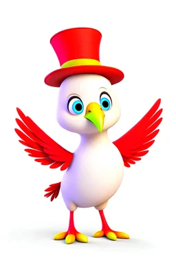 Animated bird standing. Wearing a red hat. With big white wings.