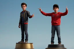 The boy is standing on a stylized podium, raising his right hand victoriously in the air, with his fingers forming a "V" sign. His left hand holds a symbolic representation of his achievement, which could be a miniature golden cup, a shining star, or any object that reflects the context of the competition or event.