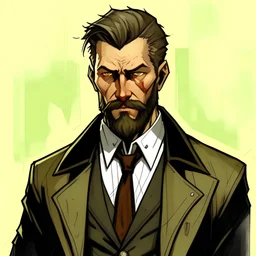 create an male character based on john constantine, whith brown hair, long beard, flat grey background black suit and black tie, older, large square jaws, realistic, shorter slick stile hair, long beard more brown on hair more fat