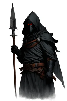 fantasy style cloaked figure wearing a slightly visible plain black mask carrying a spear on his back red eyes