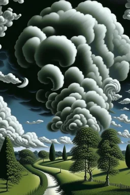 A white cloudy sky with tornadoes painted by René Magritte