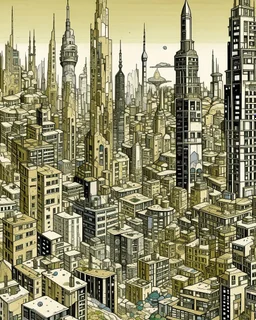 A tan city with tall buildings and a nuclear plant designed in ancient Greek mosaics painted by Jackson Pollock